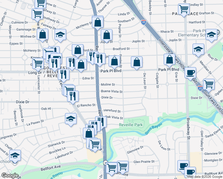 map of restaurants, bars, coffee shops, grocery stores, and more near 7622 Moline Street in Houston
