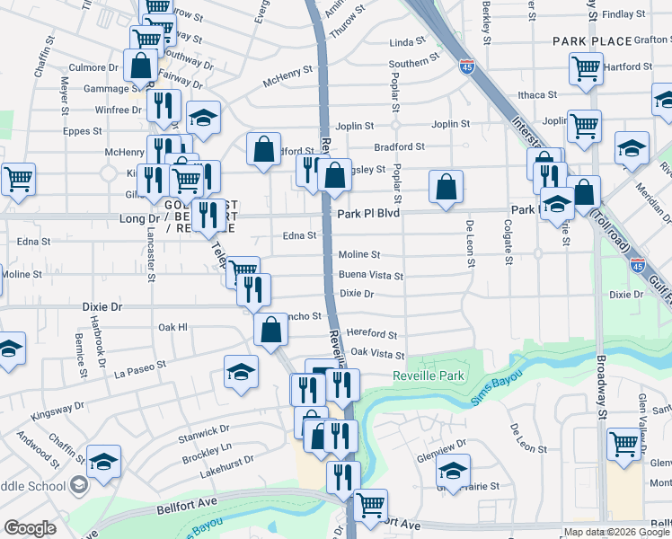 map of restaurants, bars, coffee shops, grocery stores, and more near 7546 Moline Street in Houston