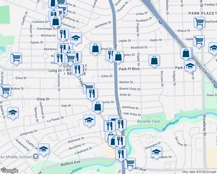 map of restaurants, bars, coffee shops, grocery stores, and more near 7518 Moline Street in Houston