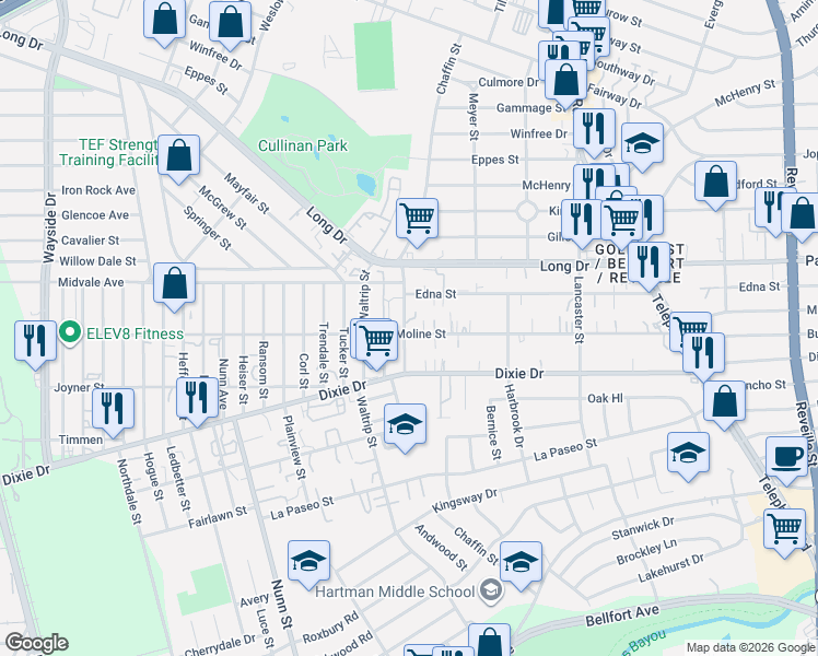 map of restaurants, bars, coffee shops, grocery stores, and more near 5618 Chaffin Street in Houston