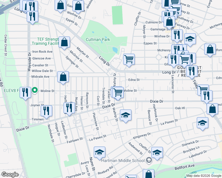 map of restaurants, bars, coffee shops, grocery stores, and more near 5631 Waltrip Street in Houston