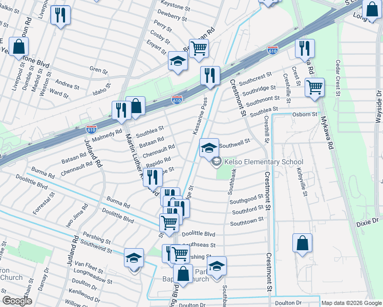 map of restaurants, bars, coffee shops, grocery stores, and more near 5522 Chennault Road in Houston