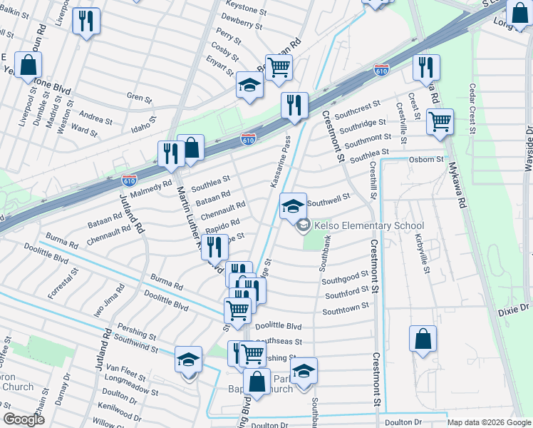 map of restaurants, bars, coffee shops, grocery stores, and more near 5522 Chennault Road in Houston