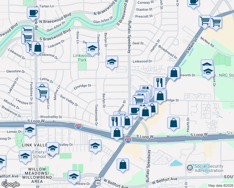 map of restaurants, bars, coffee shops, grocery stores, and more near 3222 Cloverdale Street in Houston
