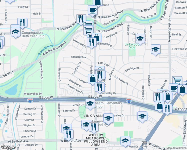map of restaurants, bars, coffee shops, grocery stores, and more near 9125 Fordshire Drive in Houston
