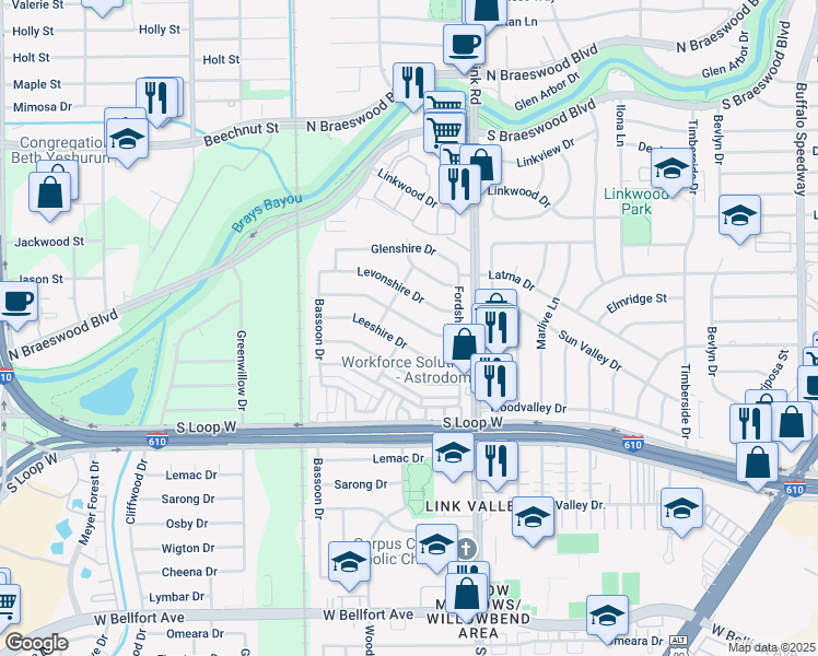 map of restaurants, bars, coffee shops, grocery stores, and more near 4023 Levonshire Drive in Houston