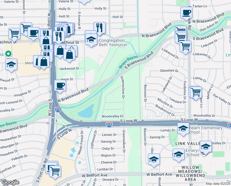 map of restaurants, bars, coffee shops, grocery stores, and more near 9106 Cliffwood Drive in Houston