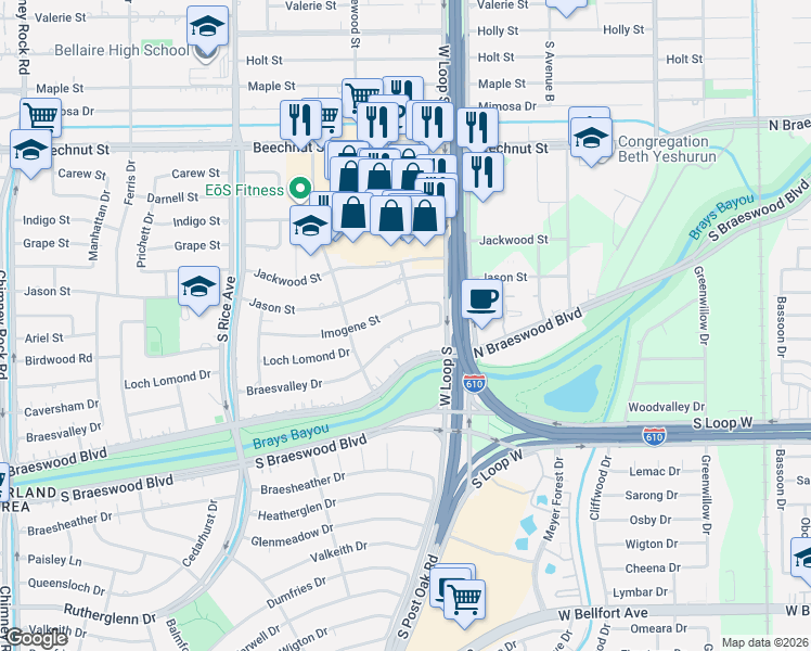 map of restaurants, bars, coffee shops, grocery stores, and more near 4810 Imogene Street in Houston