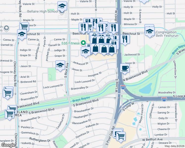 map of restaurants, bars, coffee shops, grocery stores, and more near 4835 Jason Street in Houston