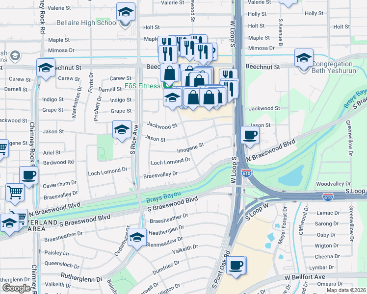 map of restaurants, bars, coffee shops, grocery stores, and more near 4911 Jason Street in Houston