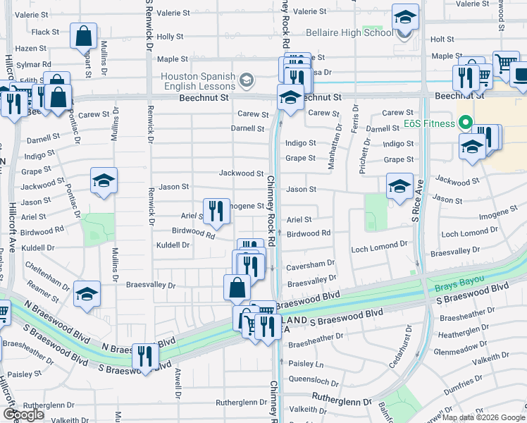 map of restaurants, bars, coffee shops, grocery stores, and more near 5314 Imogene Street in Houston