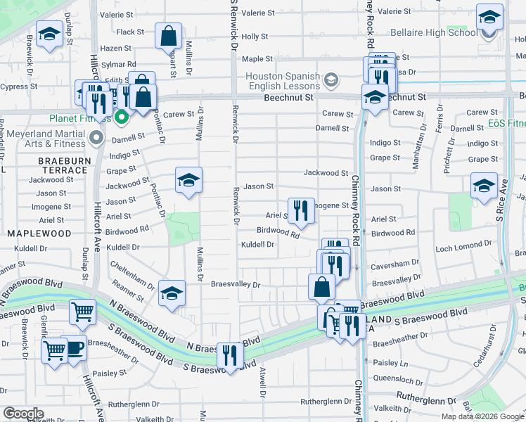 map of restaurants, bars, coffee shops, grocery stores, and more near 5451 Imogene Street in Houston