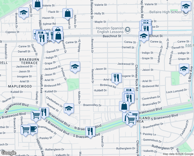 map of restaurants, bars, coffee shops, grocery stores, and more near 5474 Imogene Street in Houston