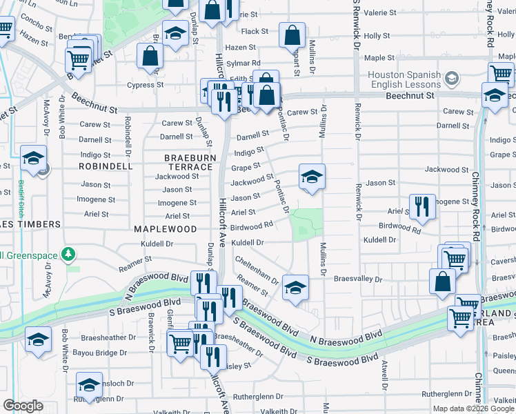 map of restaurants, bars, coffee shops, grocery stores, and more near 5715 Jason Street in Houston