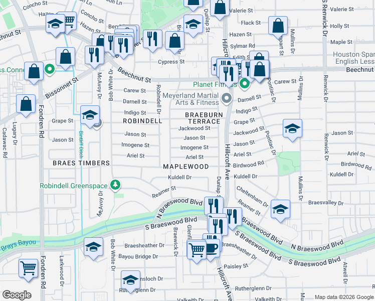 map of restaurants, bars, coffee shops, grocery stores, and more near 5906 Imogene Street in Houston