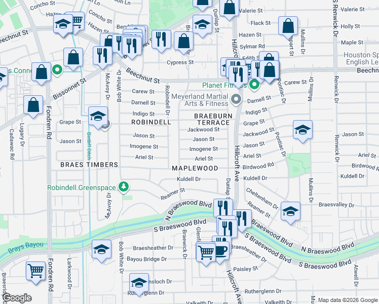 map of restaurants, bars, coffee shops, grocery stores, and more near 5934 Imogene Street in Houston