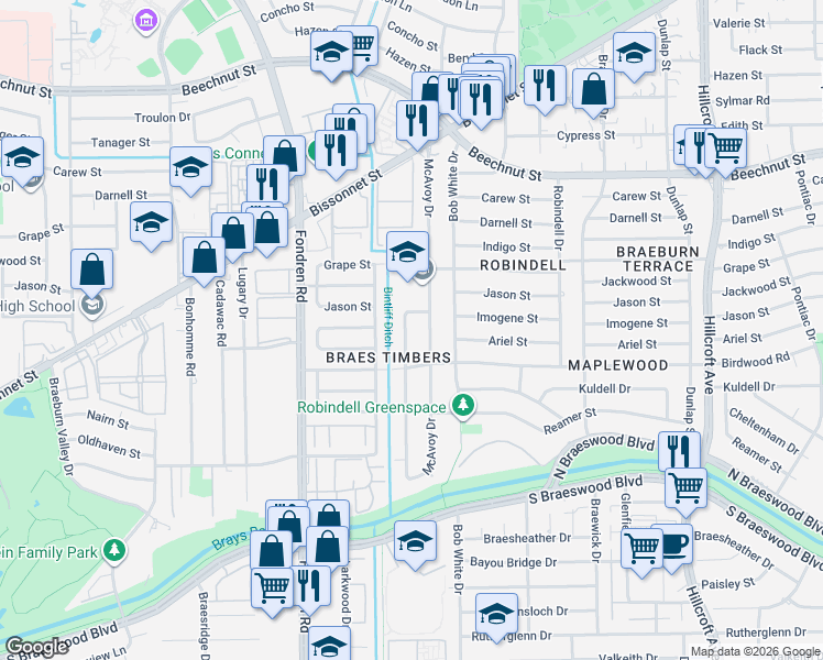 map of restaurants, bars, coffee shops, grocery stores, and more near 8802 Bintliff Drive in Houston