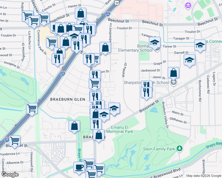 map of restaurants, bars, coffee shops, grocery stores, and more near 8488 Ariel Street in Houston