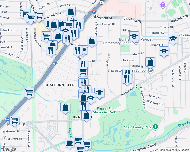 map of restaurants, bars, coffee shops, grocery stores, and more near 8490 Ariel Street in Houston