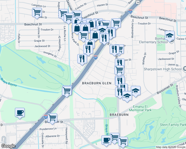 map of restaurants, bars, coffee shops, grocery stores, and more near 9210 Mahoning Drive in Houston