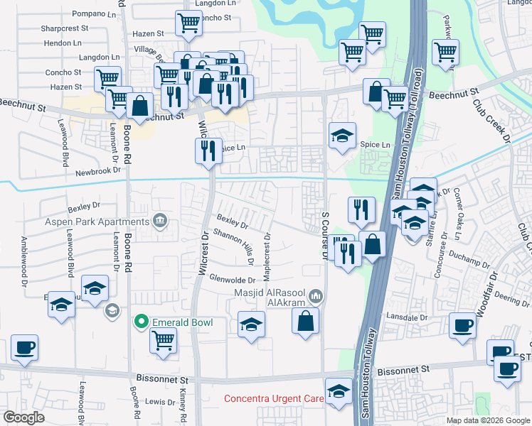 map of restaurants, bars, coffee shops, grocery stores, and more near 8624 Maplecrest Drive in Houston
