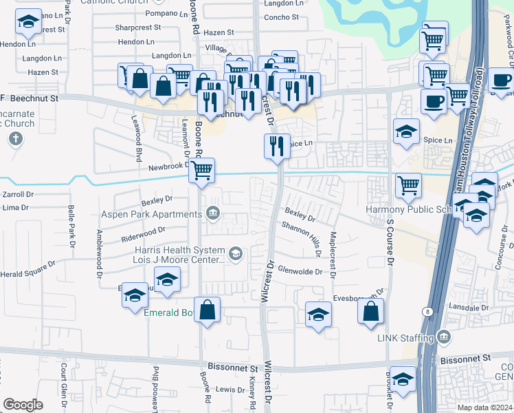 map of restaurants, bars, coffee shops, grocery stores, and more near 10920 Bexley Drive in Houston