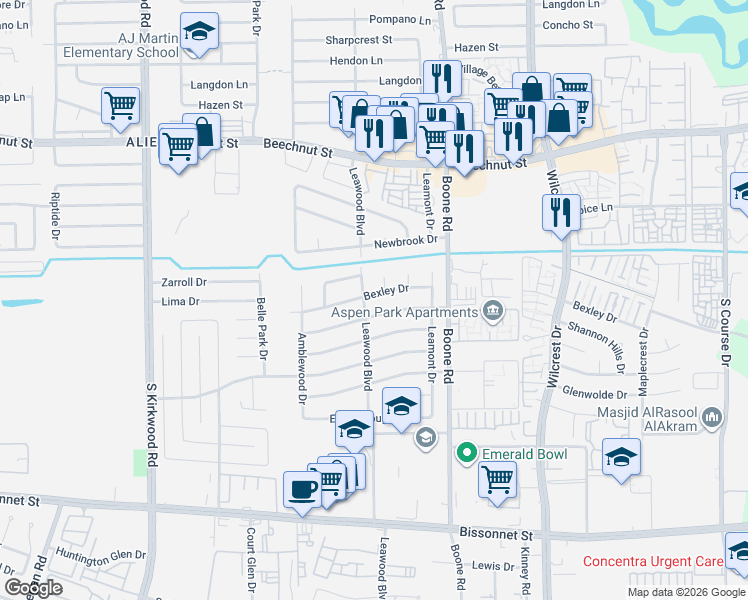 map of restaurants, bars, coffee shops, grocery stores, and more near 11403 Cheviot Circle in Houston