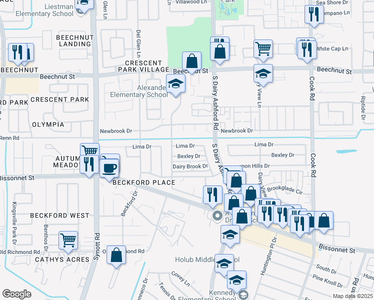 map of restaurants, bars, coffee shops, grocery stores, and more near 12814 Lima Drive in Houston