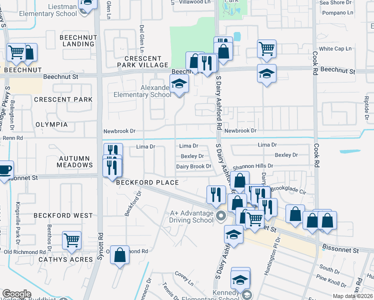 map of restaurants, bars, coffee shops, grocery stores, and more near 12814 Lima Drive in Houston