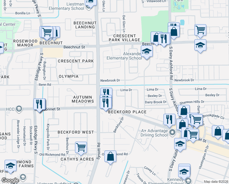 map of restaurants, bars, coffee shops, grocery stores, and more near 13022 Lima Drive in Houston