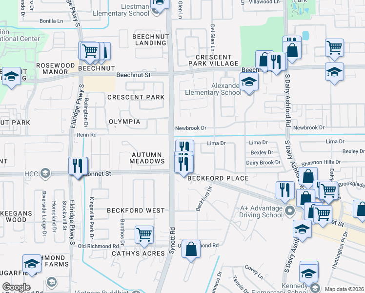 map of restaurants, bars, coffee shops, grocery stores, and more near 13114 Lima Drive in Houston