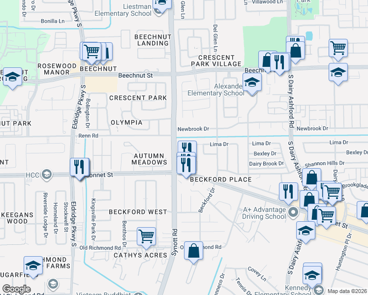 map of restaurants, bars, coffee shops, grocery stores, and more near 13114 Lima Drive in Houston