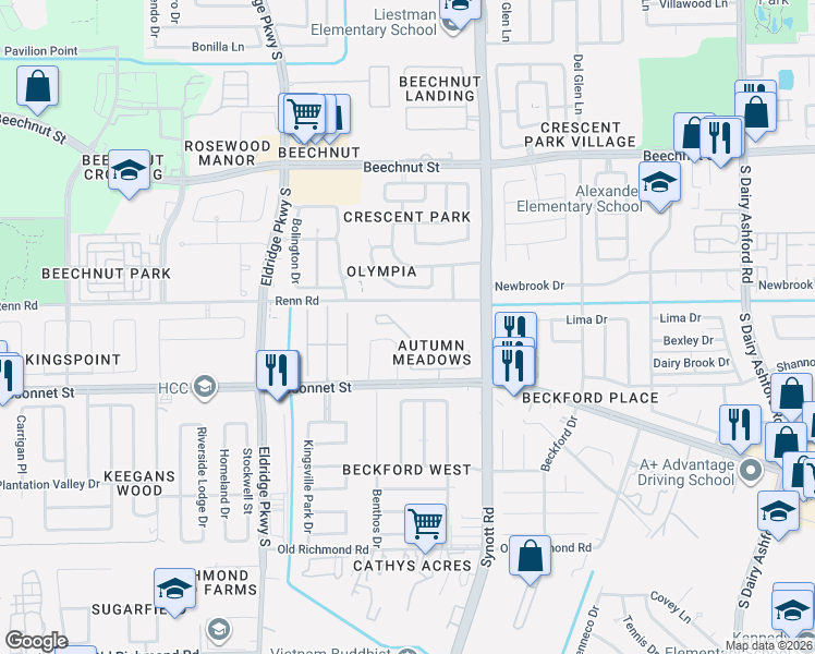 map of restaurants, bars, coffee shops, grocery stores, and more near 8803 Shady Green Meadows in Houston