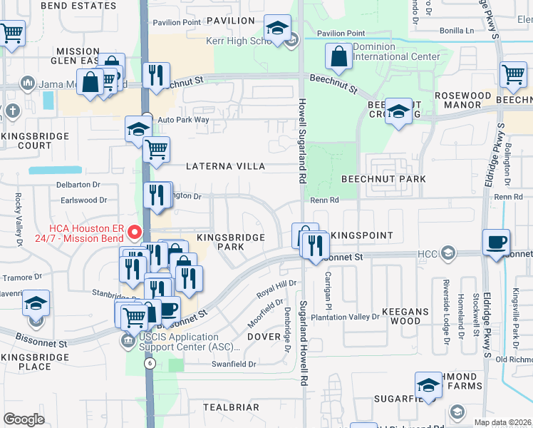 map of restaurants, bars, coffee shops, grocery stores, and more near 14219 Berrington Drive in Houston