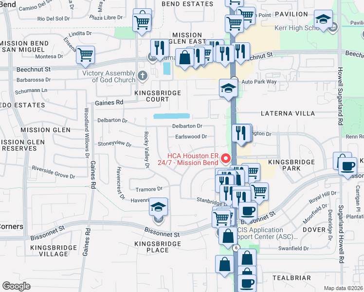 map of restaurants, bars, coffee shops, grocery stores, and more near 14807 Earlswood Drive in Houston