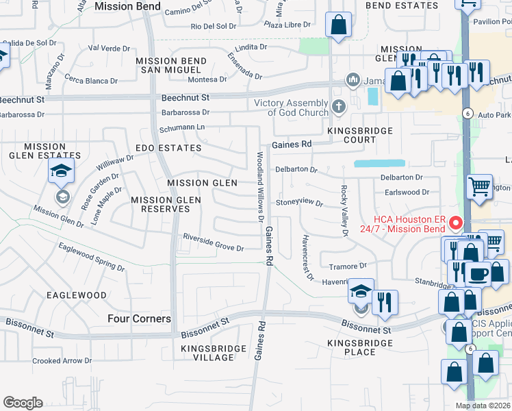map of restaurants, bars, coffee shops, grocery stores, and more near 8507 Woodland Willows Drive in Houston