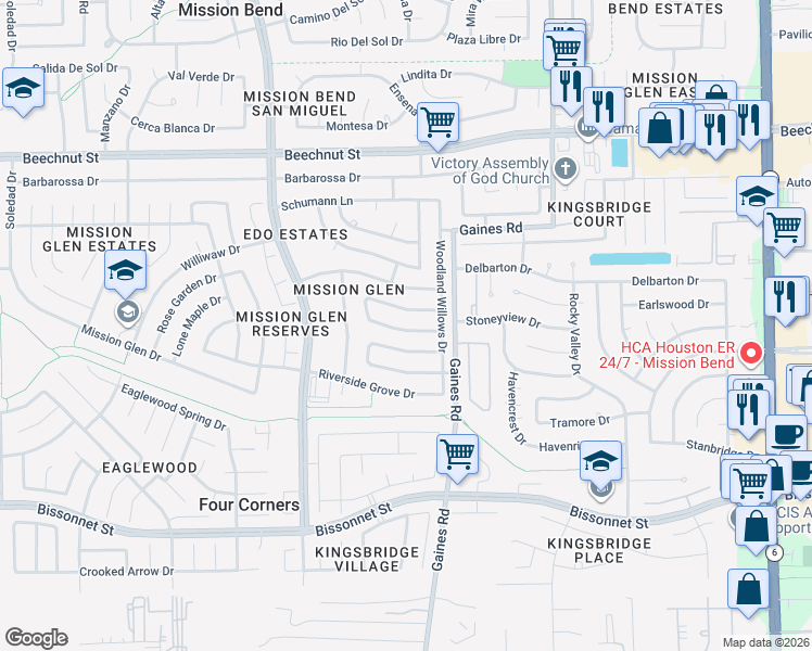 map of restaurants, bars, coffee shops, grocery stores, and more near 15407 Town Green Drive in Houston