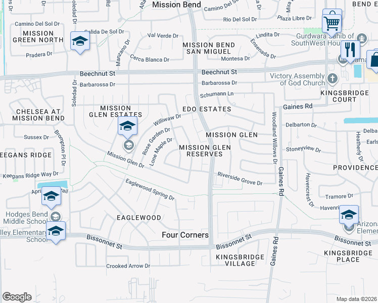 map of restaurants, bars, coffee shops, grocery stores, and more near 8426 Ashlawn Drive in Houston