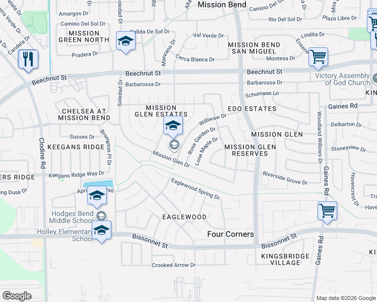 map of restaurants, bars, coffee shops, grocery stores, and more near 16023 Williwaw Drive in Houston