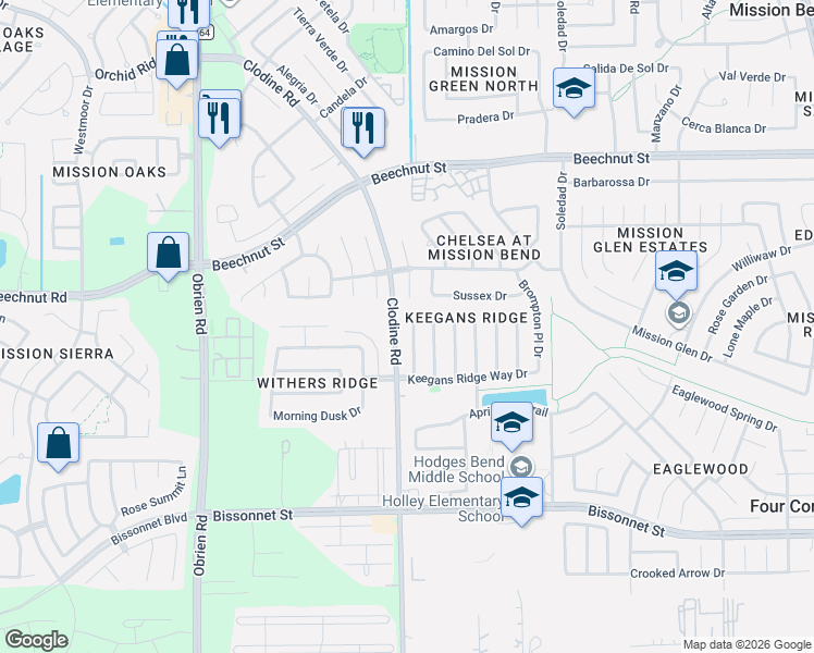 map of restaurants, bars, coffee shops, grocery stores, and more near 16730 Missionary Ridge Lane in Houston