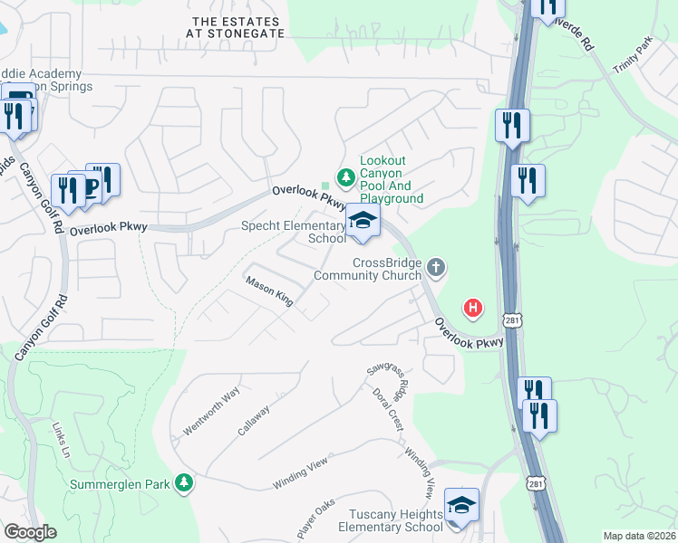 map of restaurants, bars, coffee shops, grocery stores, and more near 1811 Poppy Mallow in San Antonio