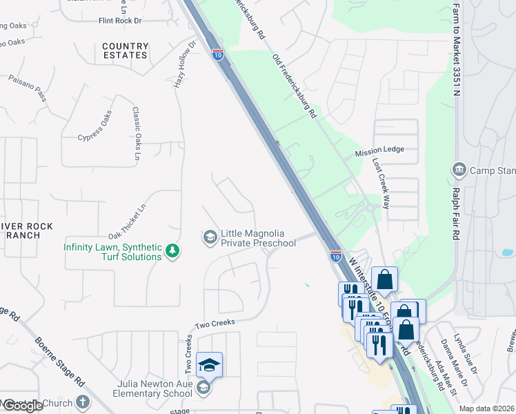 map of restaurants, bars, coffee shops, grocery stores, and more near 25726 Two Springs in San Antonio
