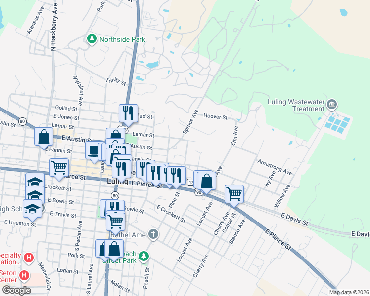 map of restaurants, bars, coffee shops, grocery stores, and more near 1110 Lamar Street in Luling