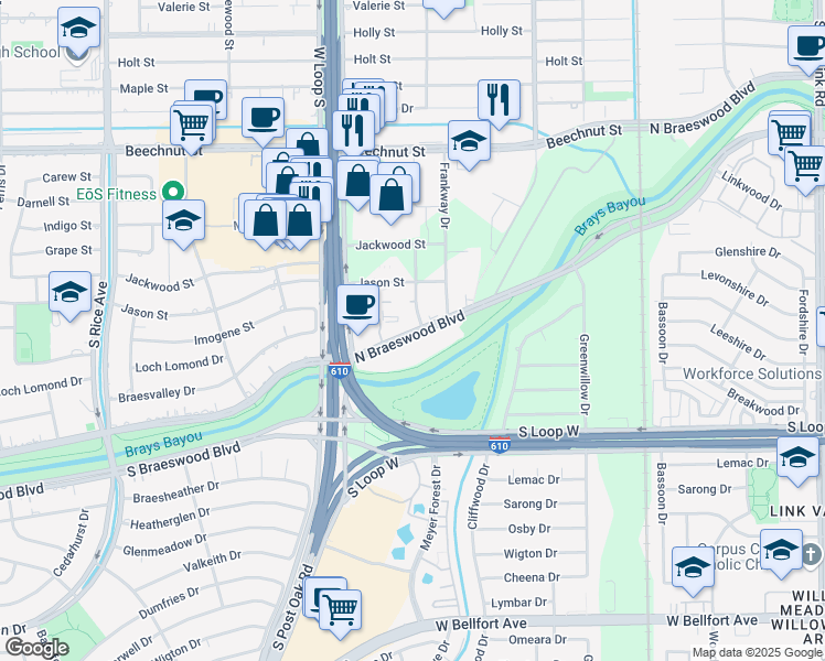 map of restaurants, bars, coffee shops, grocery stores, and more near 4612 North Braeswood Boulevard in Houston