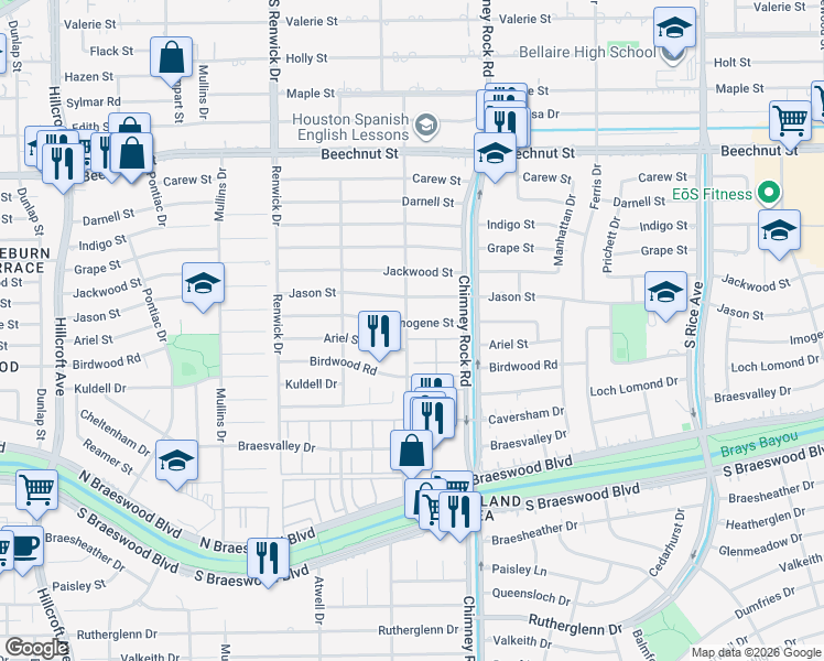 map of restaurants, bars, coffee shops, grocery stores, and more near 5402 Imogene Street in Houston