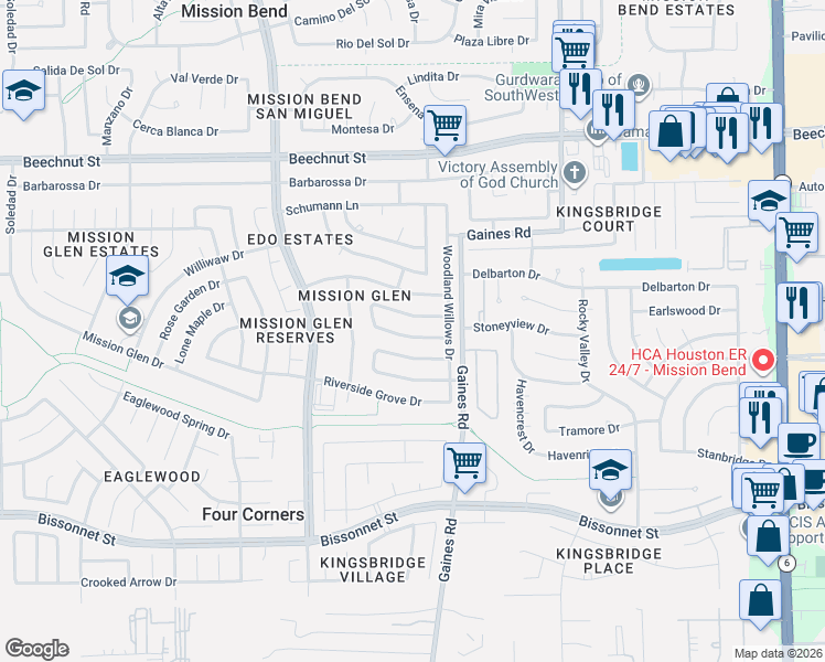 map of restaurants, bars, coffee shops, grocery stores, and more near 15407 Town Green Drive in Houston
