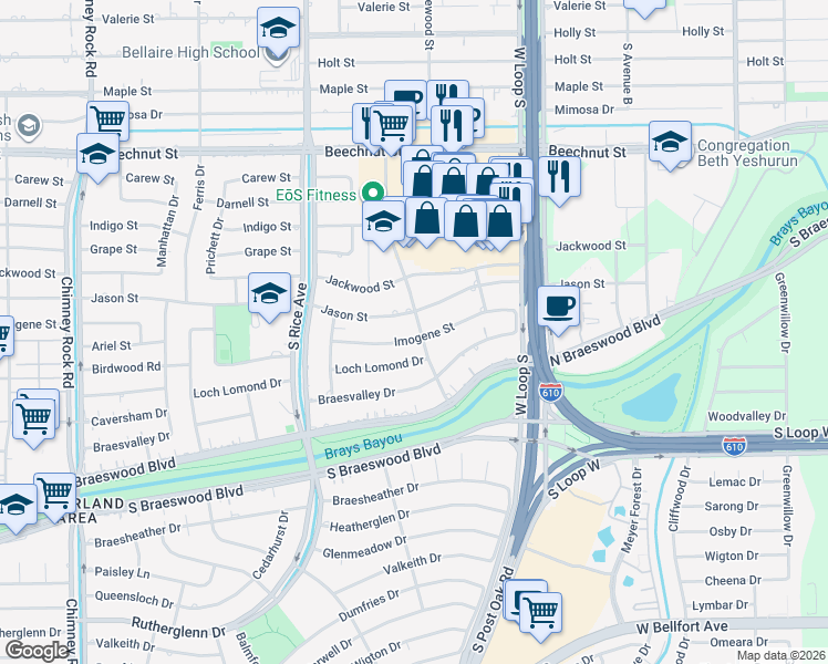 map of restaurants, bars, coffee shops, grocery stores, and more near 4835 Jason Street in Houston