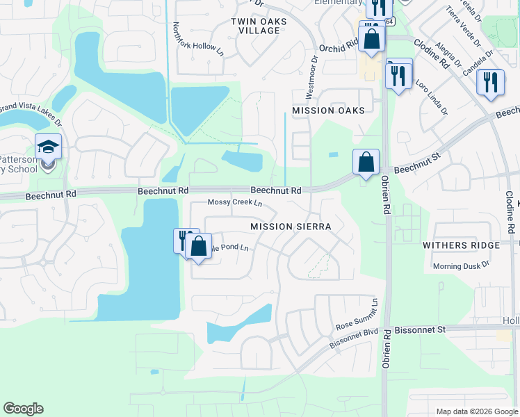 map of restaurants, bars, coffee shops, grocery stores, and more near 18035 Mossy Creek Lane in Richmond