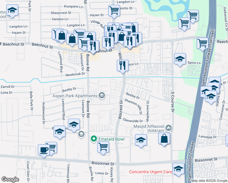 map of restaurants, bars, coffee shops, grocery stores, and more near 10920 Bexley Drive in Houston