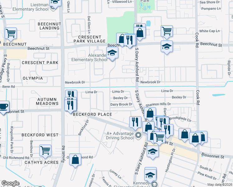 map of restaurants, bars, coffee shops, grocery stores, and more near 12814 Lima Drive in Houston